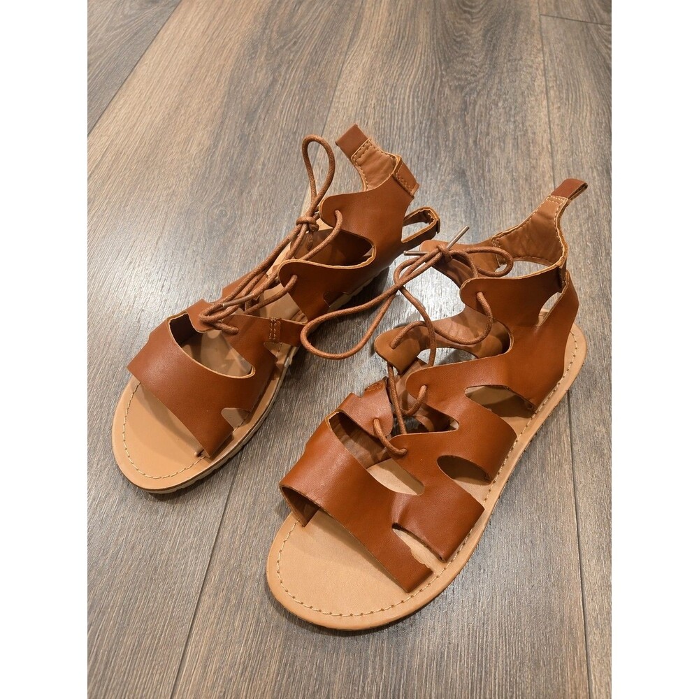 Wild Diva Womens 5.5 Brown Lace Up Gladiator Sandals Boho Strappy Flat